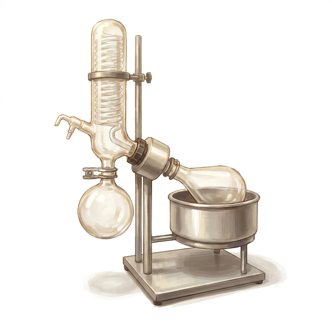 A laboratory rotary evaporator with condenser and flasks