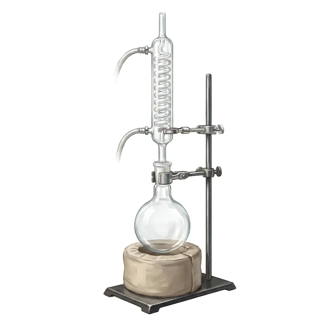 A laboratory reflux apparatus — flask, condenser and heating mantle on a stand