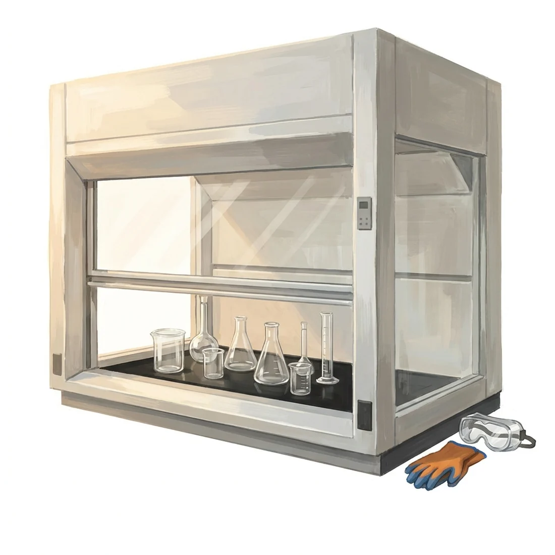A laboratory fume hood with chemistry glassware and safety equipment