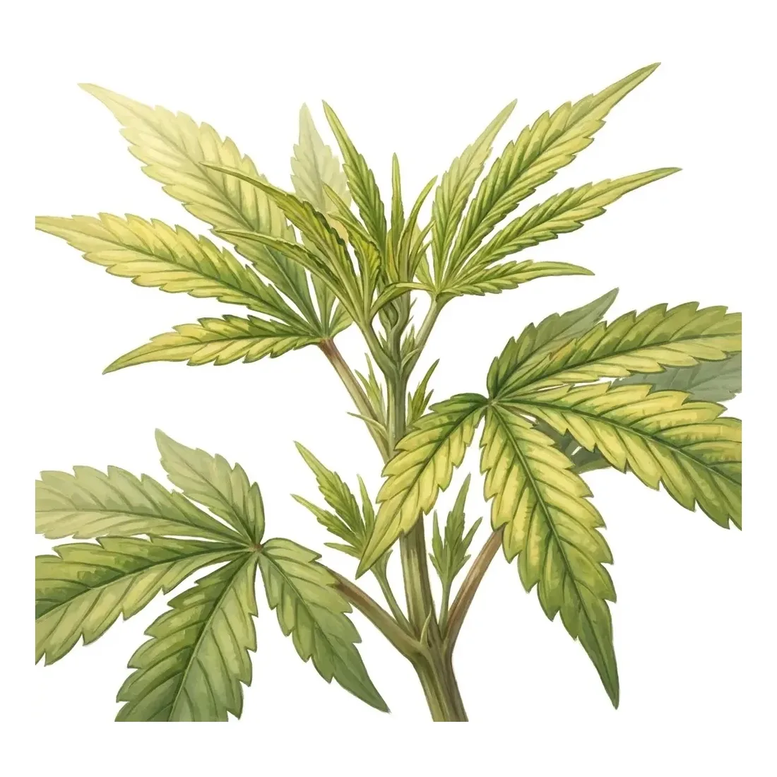 Painterly diagnosis plate of iron deficiency — the newest top growth pale and interveinal-yellow while the veins and older leaves stay green