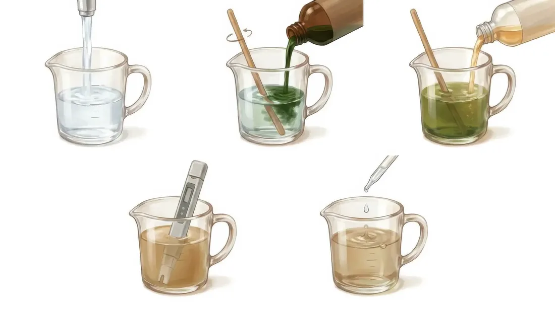 Painterly steps for mixing and pH-ing a nutrient solution