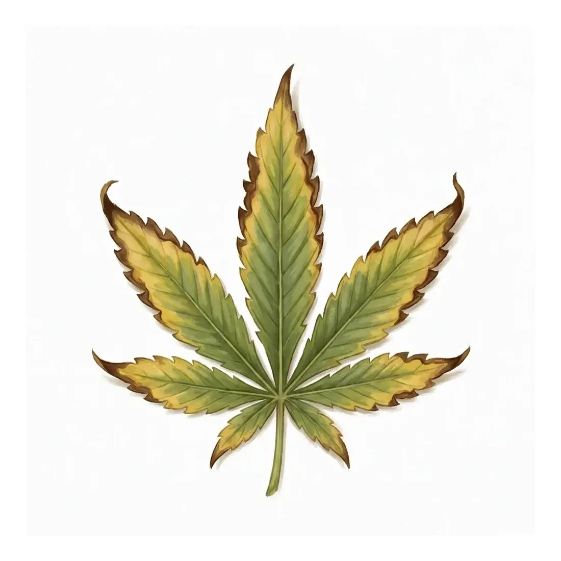 Painterly diagnosis plate of potassium deficiency — leaf margins and tips scorching yellow then brown and crispy