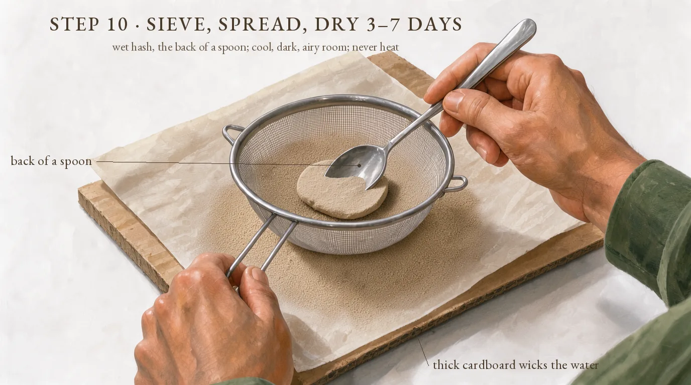 Step 10, sieve, spread, dry 3–7 days: the back of a spoon pushing the small wet patty through a kitchen sieve onto parchment laid on thick cardboard