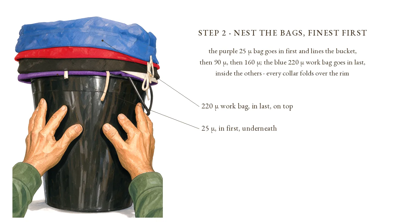 Step 2, nest the bags finest first: the purple 25 µ bag lines the bucket, the blue 220 µ work bag goes in last, every collar folded over the rim