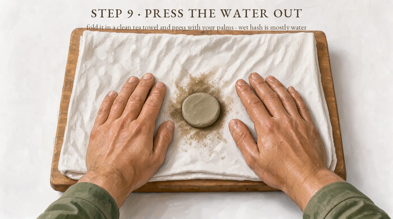 Step 9, press the water out: a small disc of wet hash folded in a tea towel, two palms pressing down