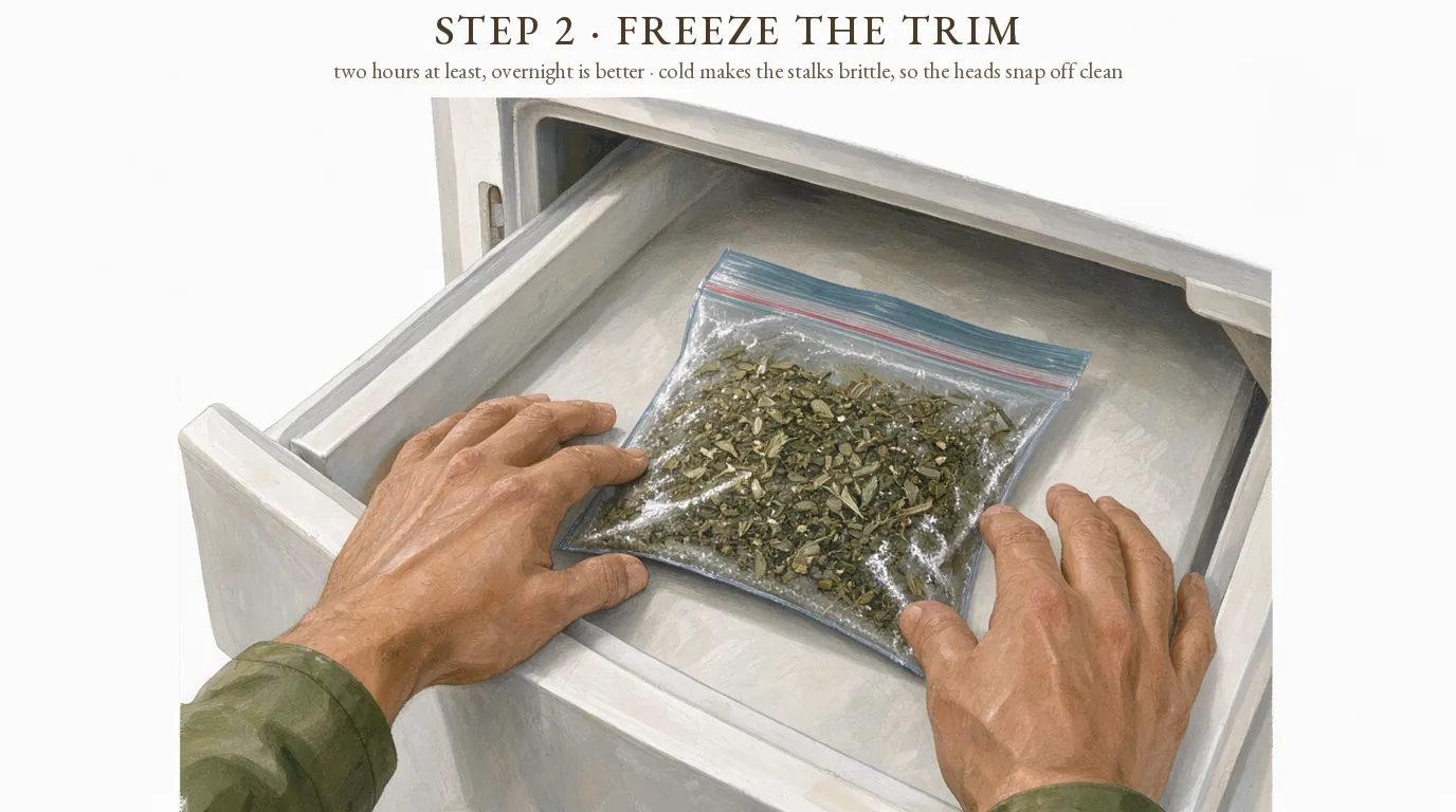 Step 2, freeze the trim: a sealed bag of sugar-leaf trim laid in a freezer drawer, two hours at least, overnight is better
