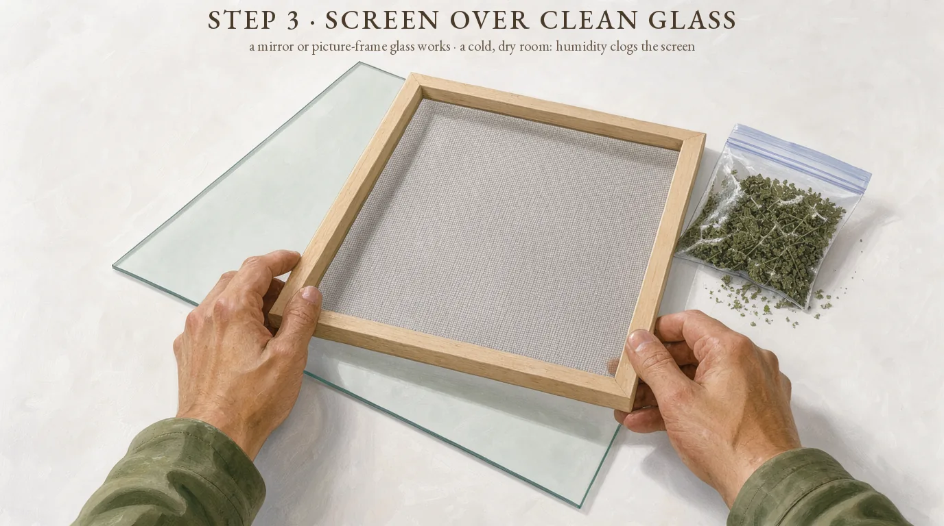 Step 3, screen over clean glass: two hands lowering a framed sift screen onto a sheet of glass, the bag of frozen trim beside it