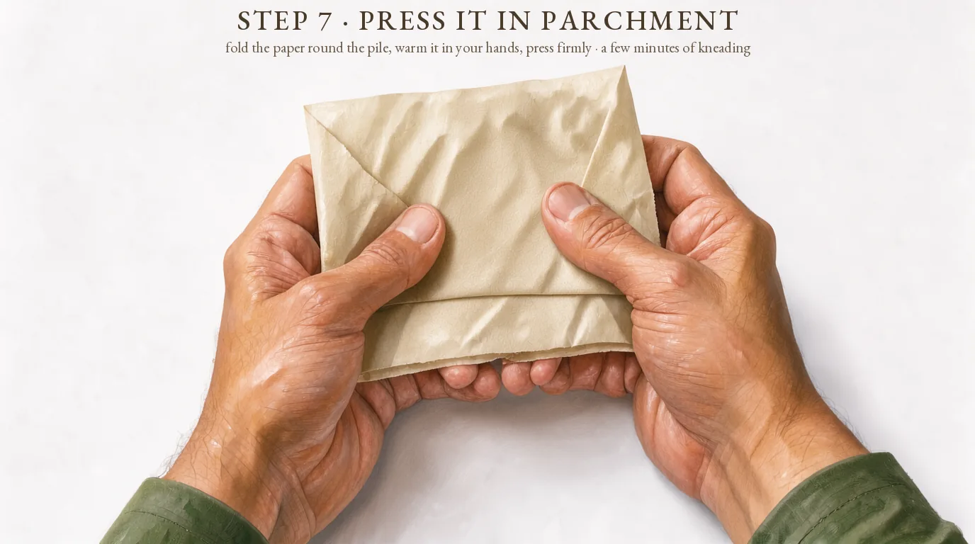 Step 7, press it in parchment: a folded parchment packet of kief squeezed between two hands
