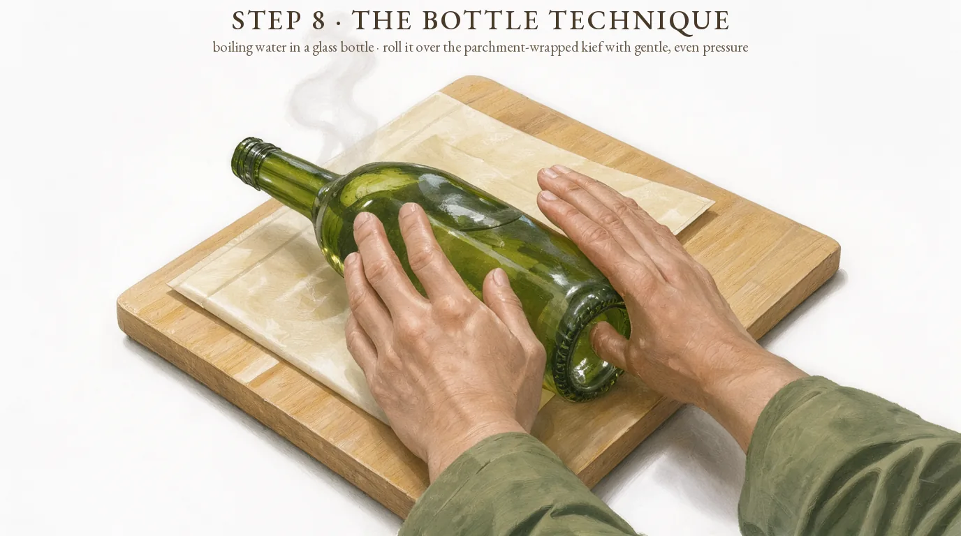 Step 8, the bottle technique: a wine bottle of boiling water rolled over the parchment-wrapped kief on a board