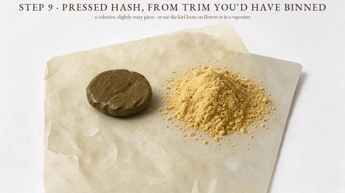 Step 9, the result: a small pressed piece of hash beside a pile of loose kief on parchment