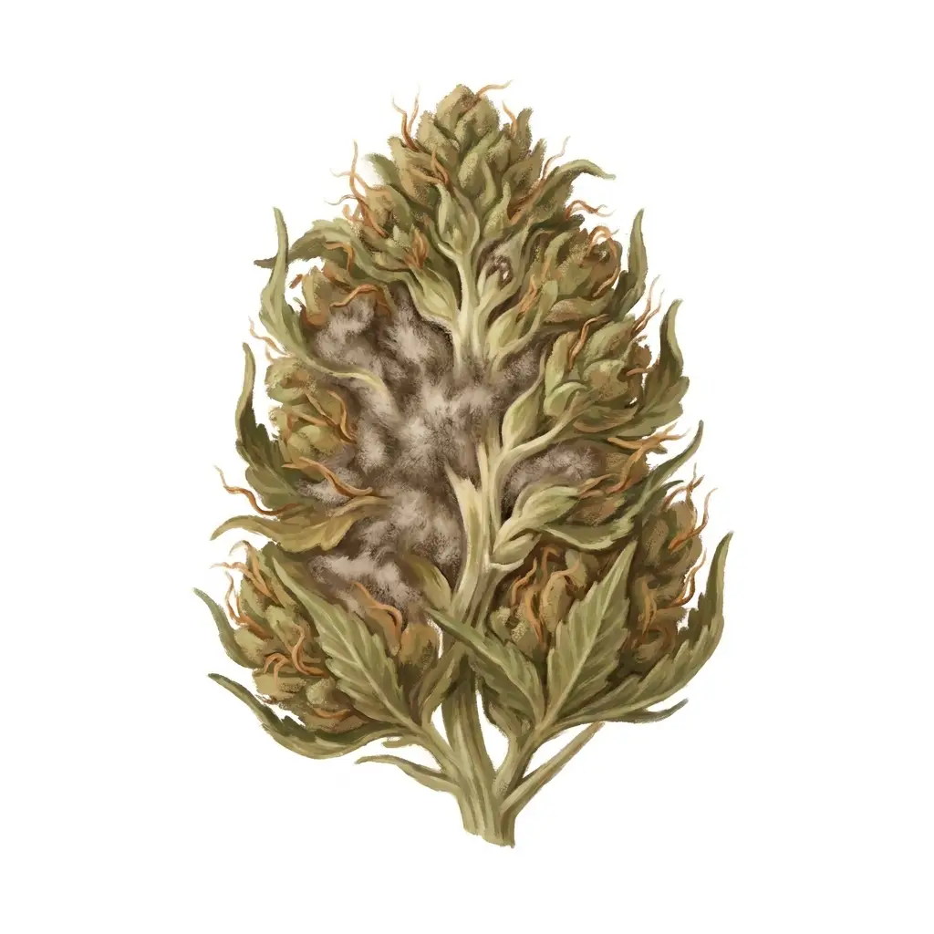 Cannabis cola with grey botrytis bud rot eating it from the inside
