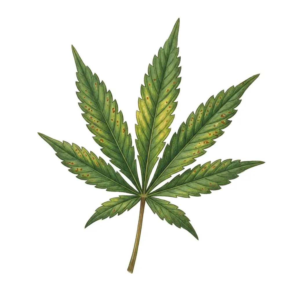 Cannabis leaf showing cal-mag deficiency: rust spots and yellowing between veins
