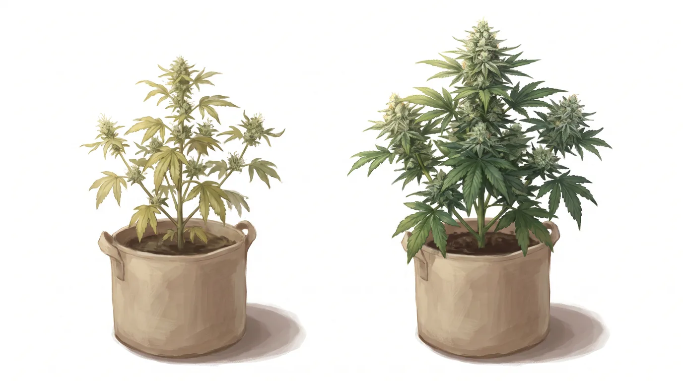A stunted, dudding cannabis plant beside a healthy one, showing the reduced vigour and smaller buds of hop latent viroid infection