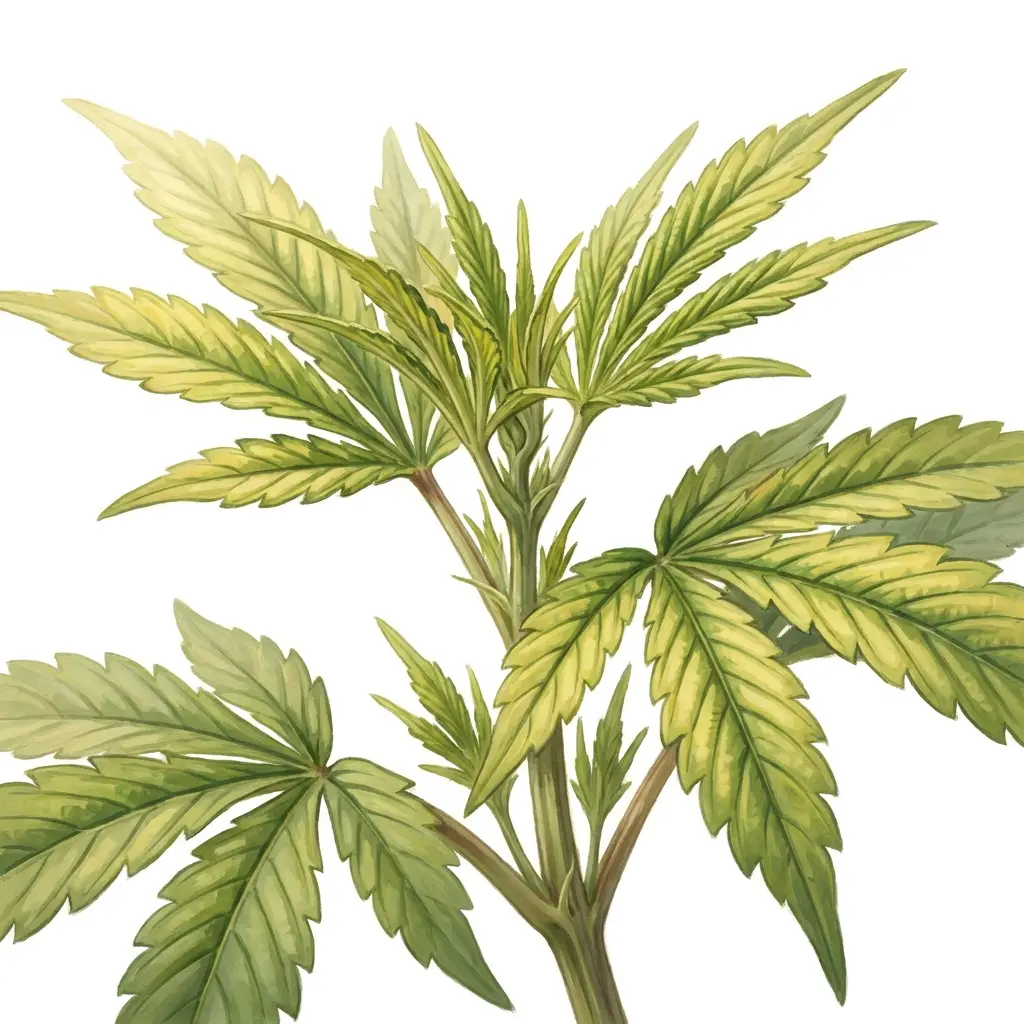 Cannabis leaf with iron deficiency: bright yellow new growth with green veins