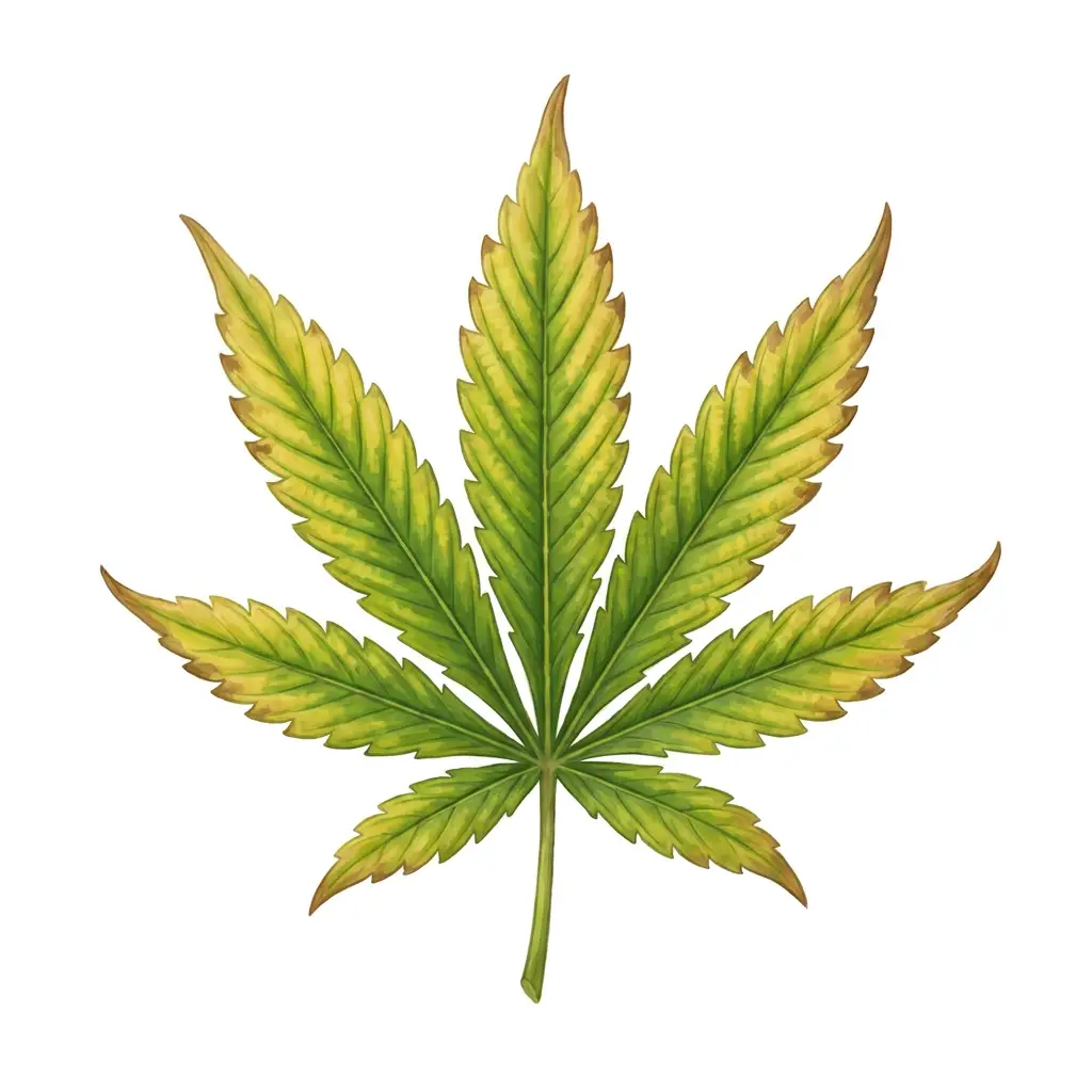 Cannabis leaf with magnesium deficiency: interveinal yellowing on lower leaves