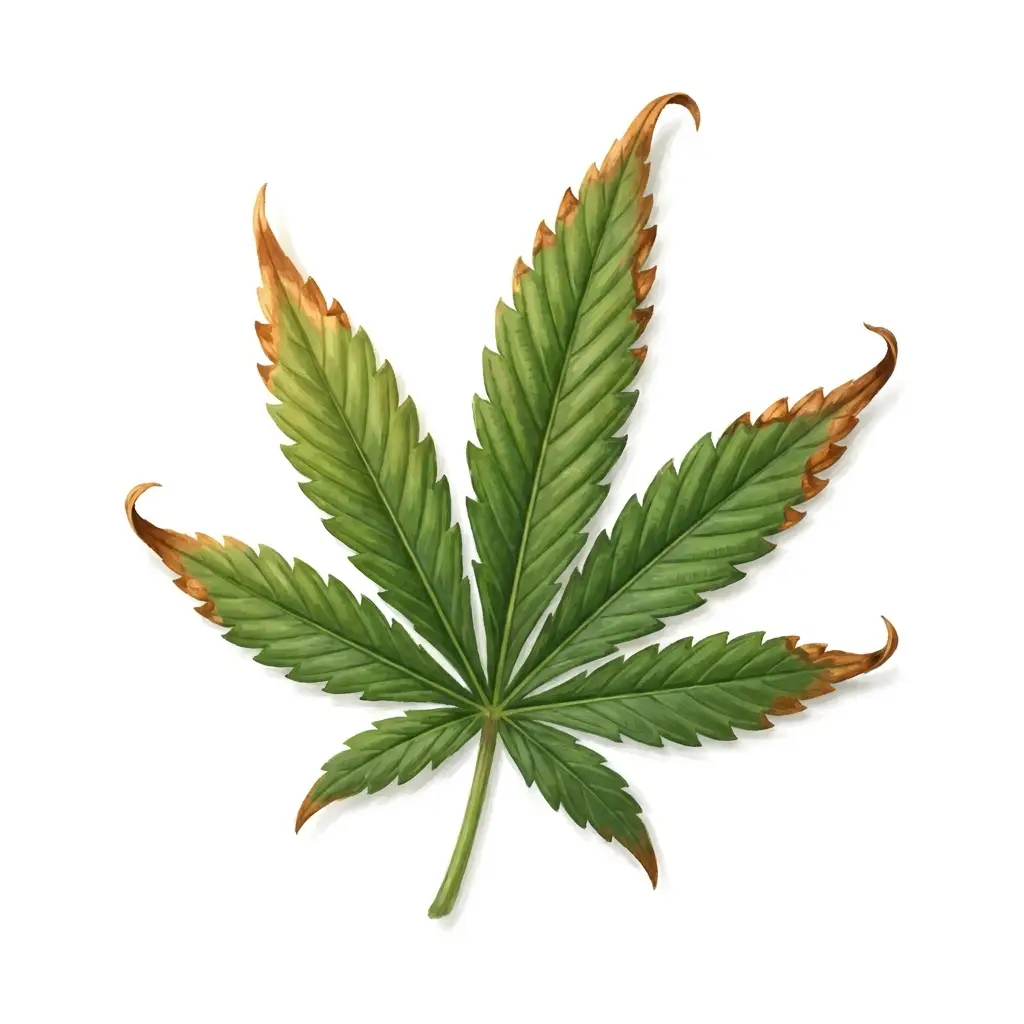 Cannabis leaf with nutrient burn: burnt brown tips on otherwise green leaf