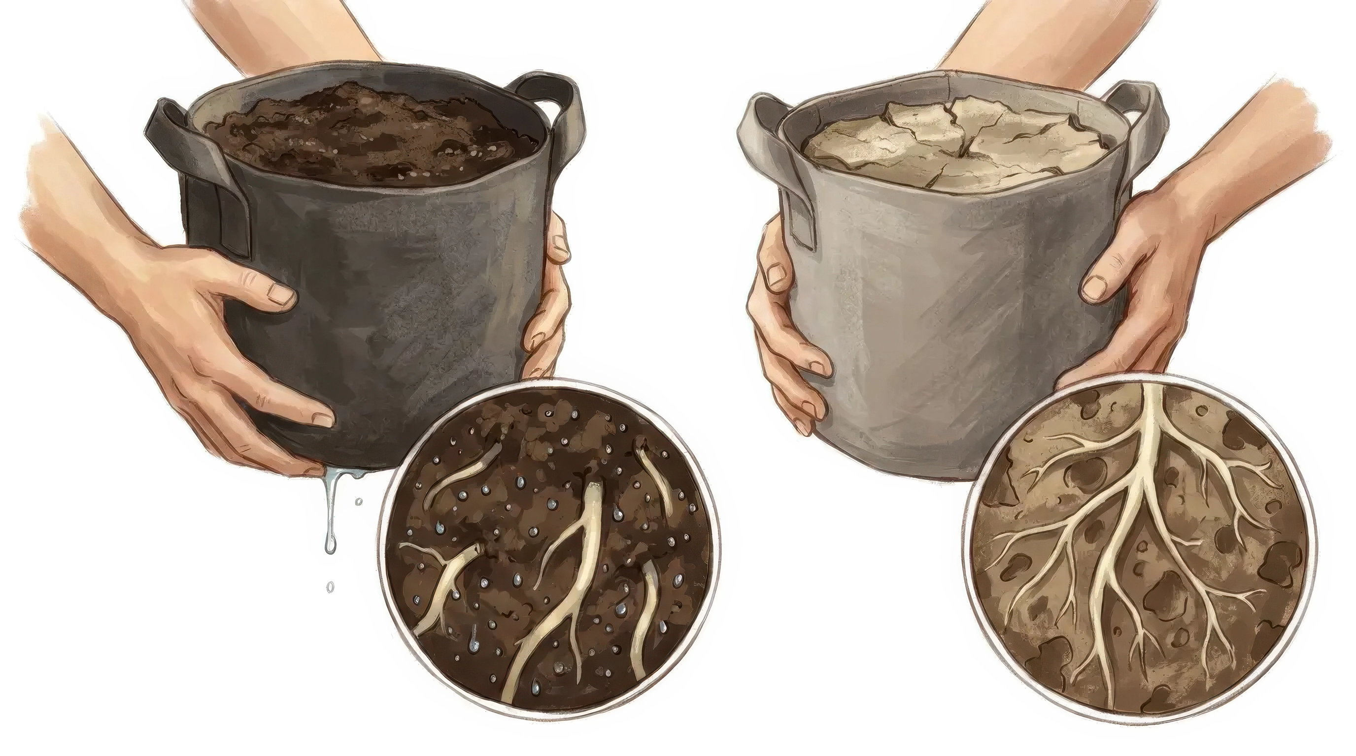 Lift test comparing the weight of a just-watered pot versus a dry pot