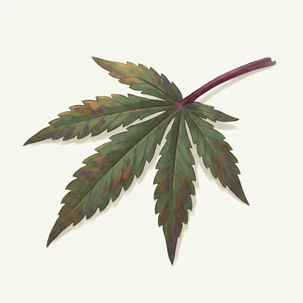 Cannabis leaf with phosphorus deficiency: dark leaves with purple petioles