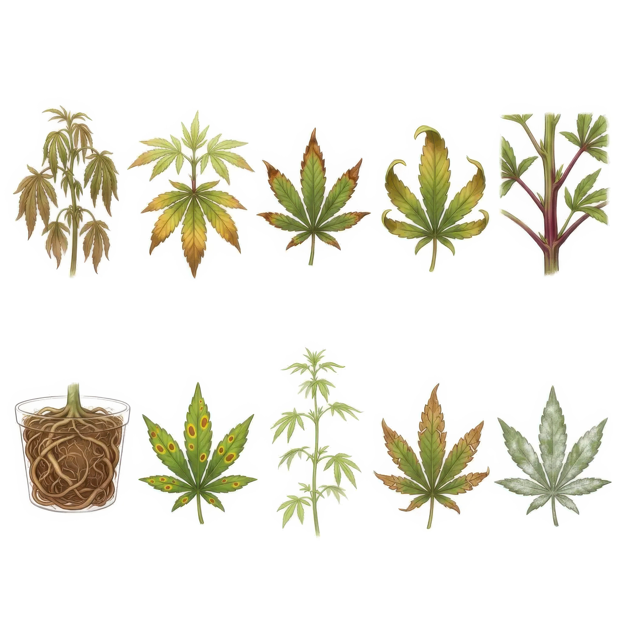 Quick-reference grid of ten common cannabis leaf symptoms