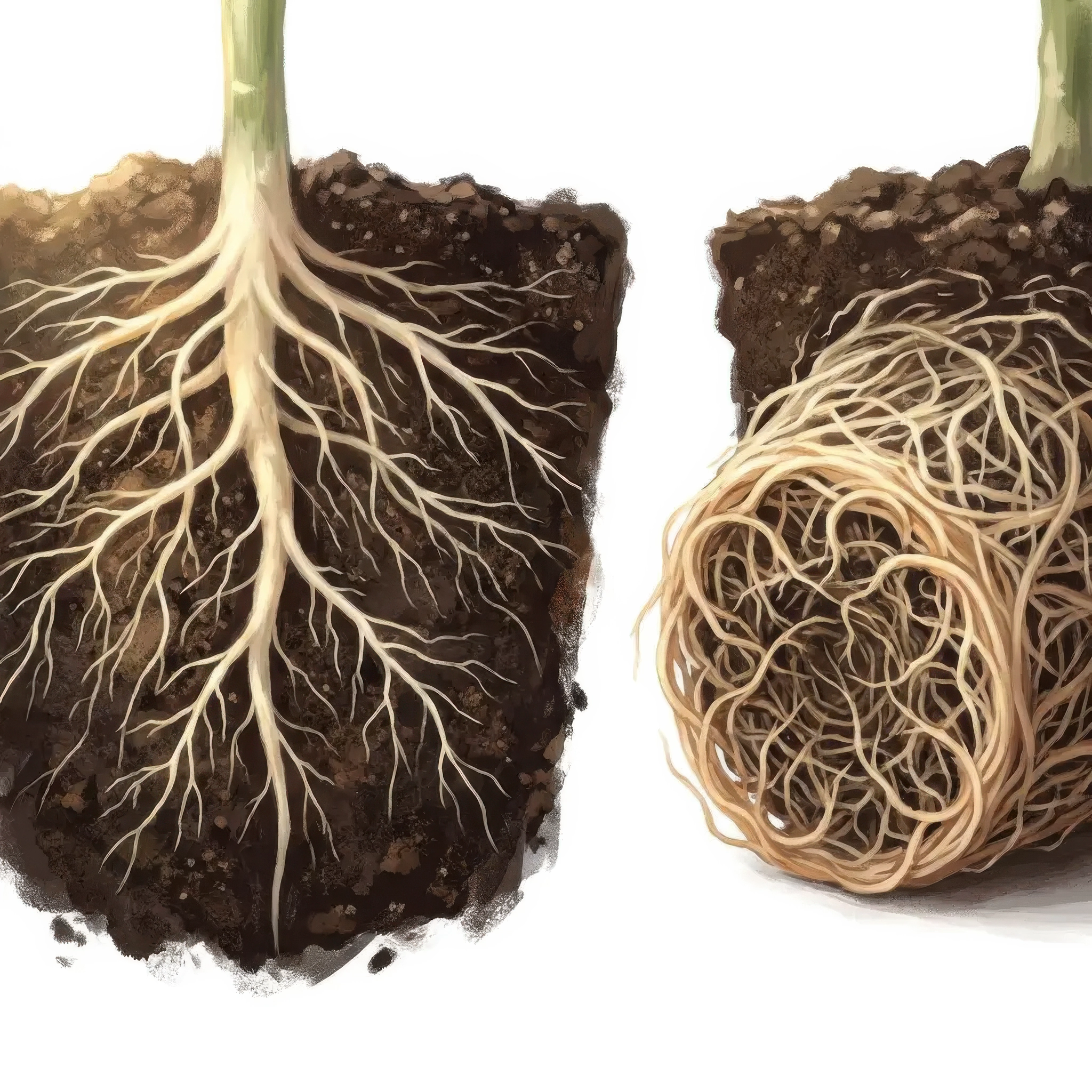 Healthy cannabis root system beside a root-bound mass of circling roots