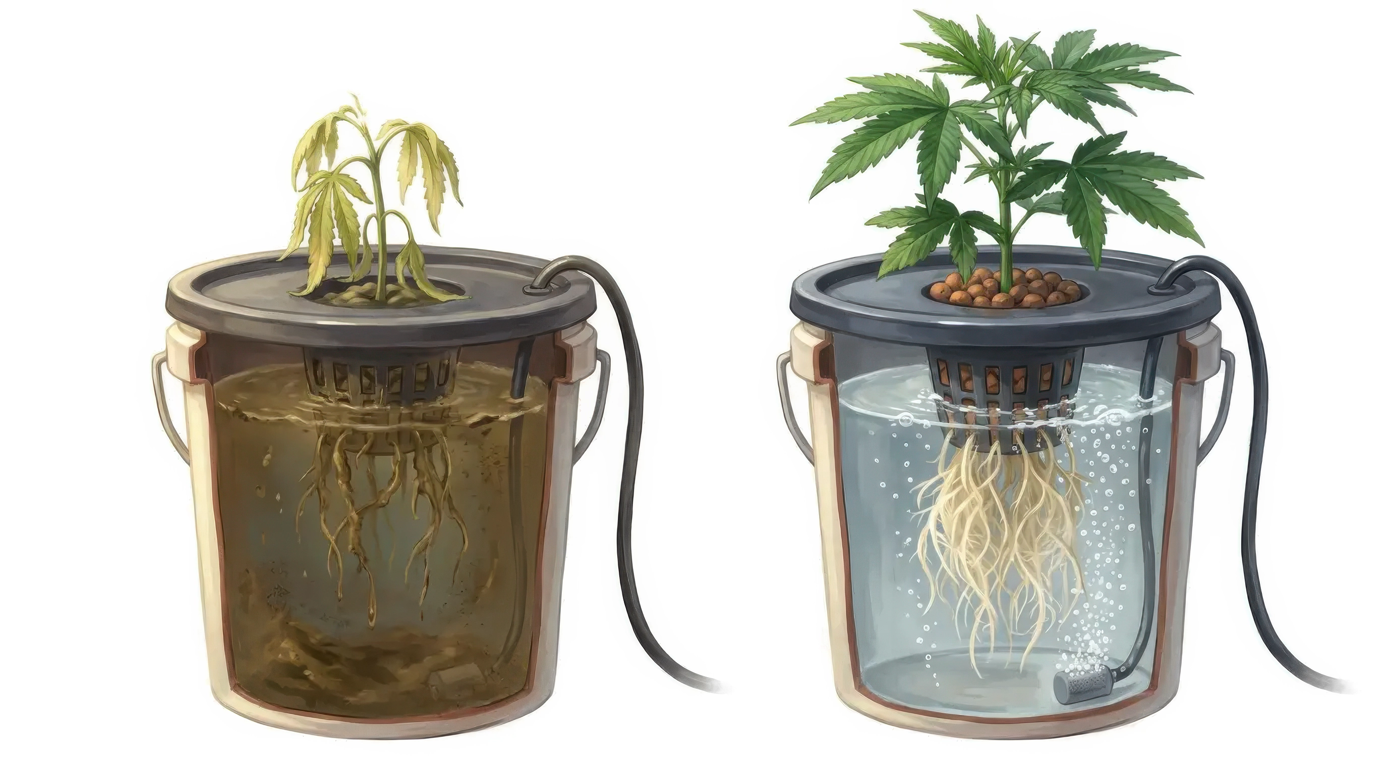 Cutaway of a neglected DWC bucket beside a healthy one showing root difference