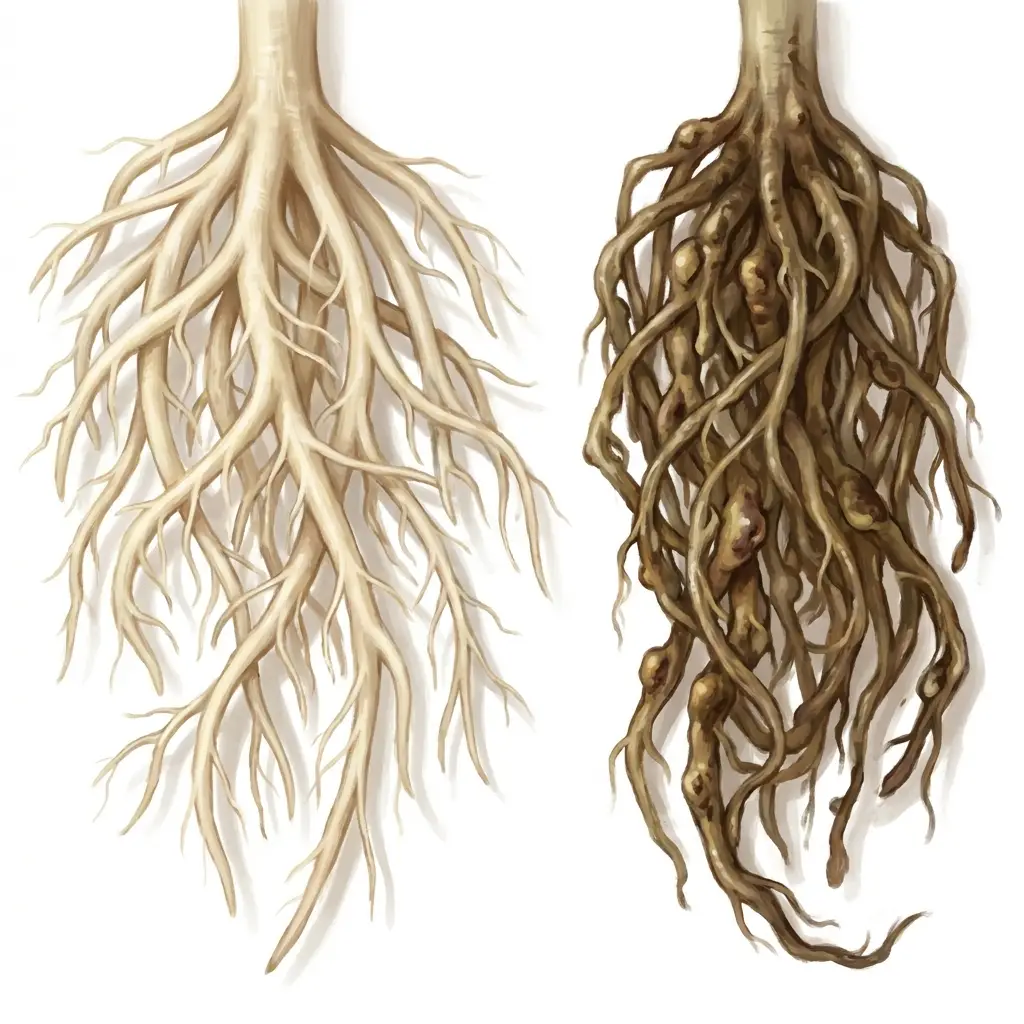 Cannabis plant wilting from root rot with browning roots