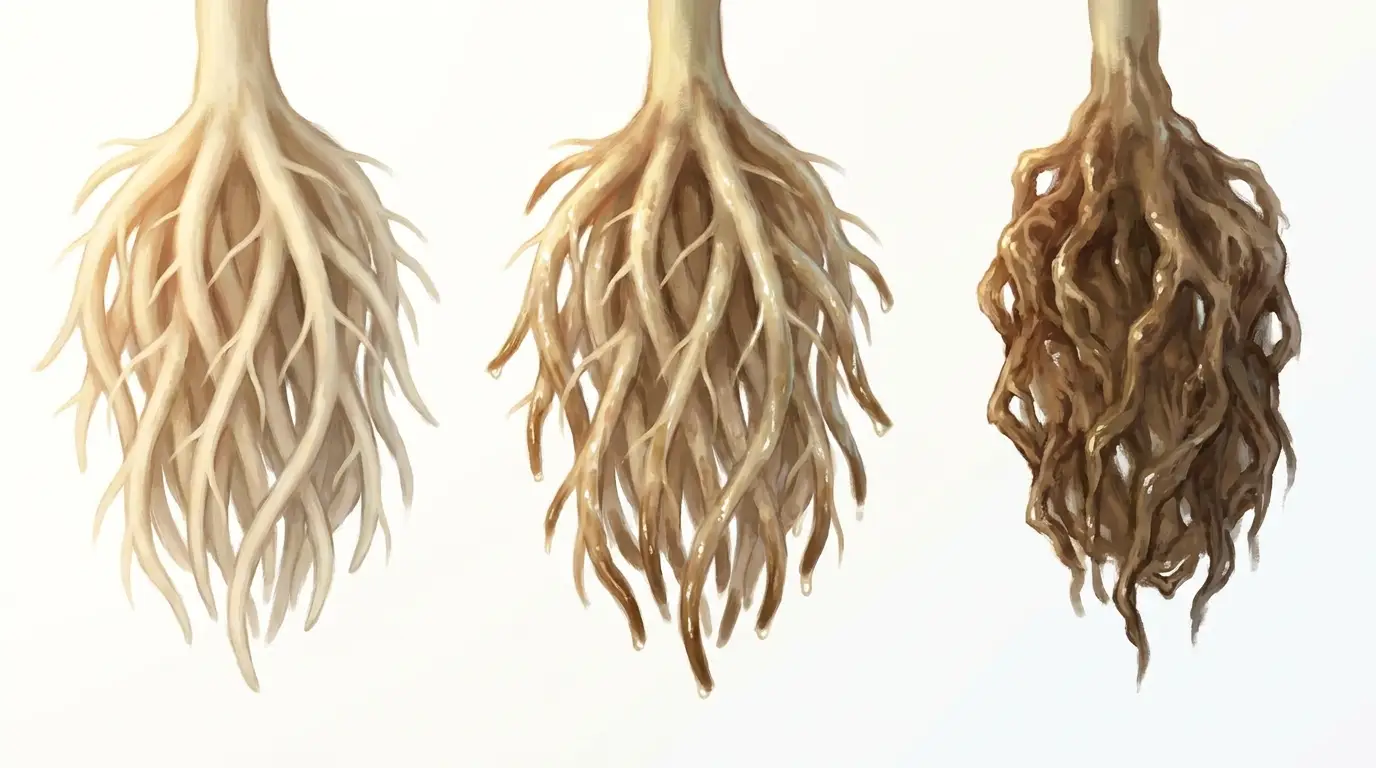 Root progression from white healthy to brown slimy rotted roots